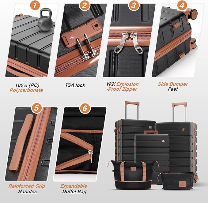 Luggage Sets 5 Piece Polycarbonate Hard Shell Suitcases Airline Approved, Lightweight Luggage with Spinner Sheels TSA Lock, YKK Zippers, Suitable for Family Black(20/24/28/DB/TB)