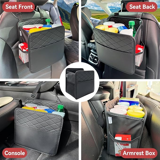Upgrade Car Seat Organizer Backseat with Storage Pockets, Multipurpose Car Organizer Hanging, Car Trash Bag Can,Premium PU Leather Garbage Can 2.14 Gallon Large Capacity, Black.
