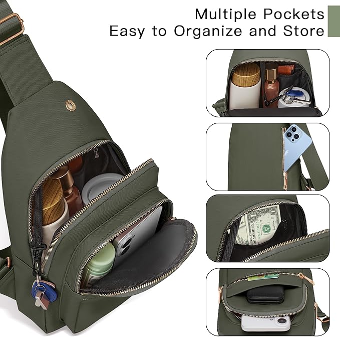 Small RFID Waterproof Sling Bag Travel Crossbody Bags for Women Men, Hands Free Lightweight Sling Backpack Chest Pack Daypack for Outdoors Hiking Traveling Fitness Sport Commuting Green