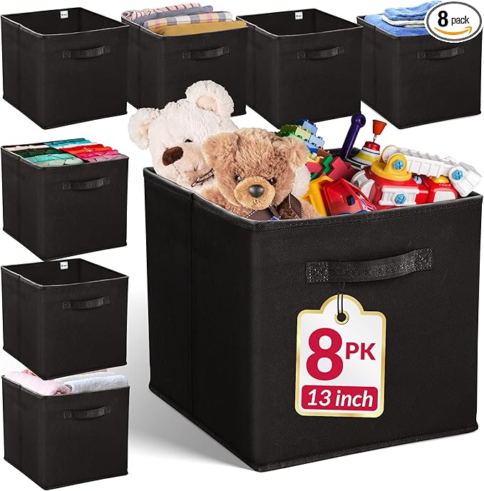 Reli. 13x13x13 Storage Cube Bins (8 Pack) | Large Cube Organizer Bins | 13x13 Fabric Storage Boxes | Fits Kallax | Collapsible, Foldable Fabric Cubby Box (Square) | Kids Room Organization (Black)