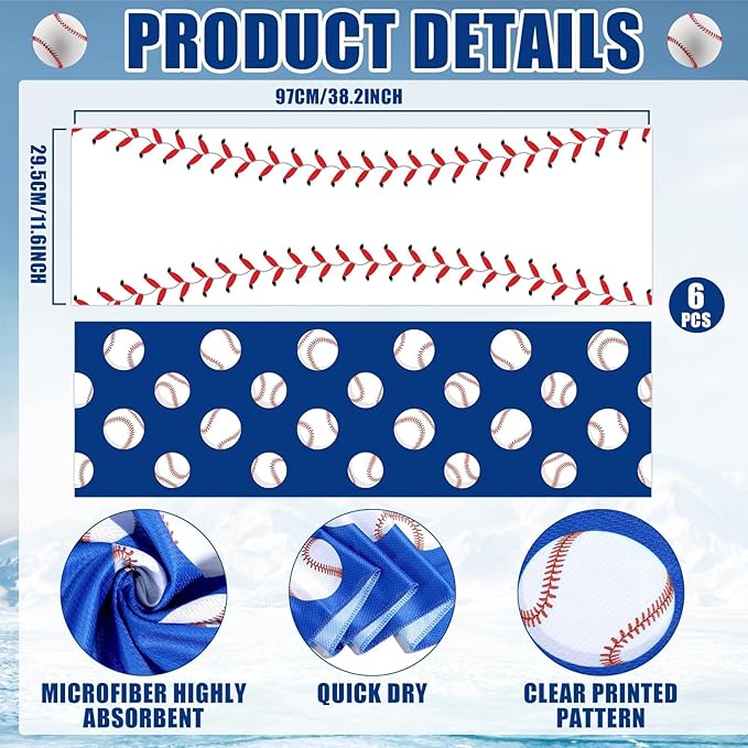 6-12 Pcs Baseball Cooling Towels with Bags 38x12 Inch Breathable Baseball Microfiber Ice Towel Fast Drying Workout Rags Bulk Sport Team Gift for Team Gym Running Coach Sport Party Favors( 6Pcs)