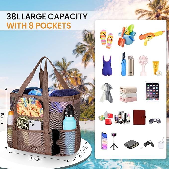 Tavaleu Mesh Beach Bag - Large Beach Tote with Multi Functional Pockets for Family Travel/Vacation