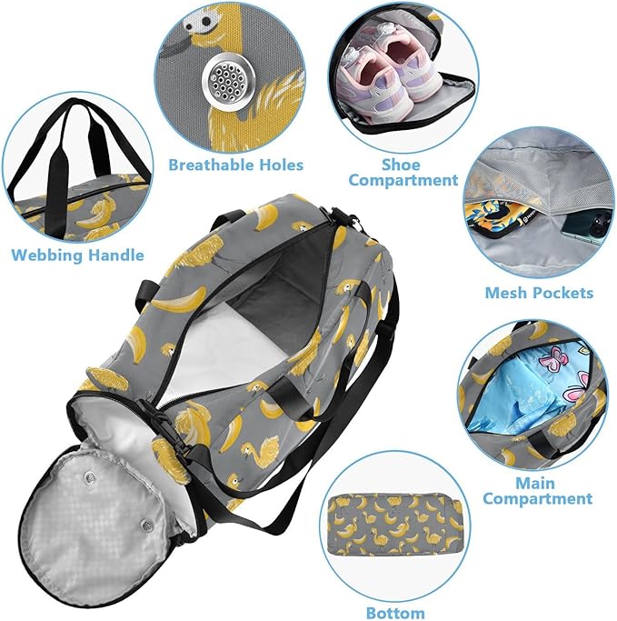 Childish Emu Bananas Yellow and Gray Girl's Gym Duffel Bag with Shoes Compartment Lightweight Gymnastics Sports Bag for Travel, Swimming, Dance, Ballet bolsa de viaje para mujer