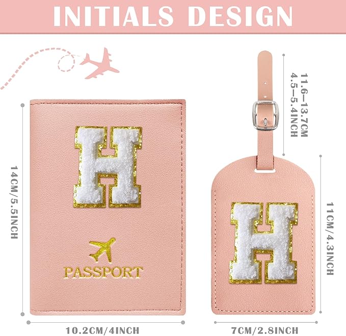 COSHAYSOO Initial Passport Cover Holder and Luggage Tag Set with Letter Name Patch for Women Teenage, Pink Travel Passport Book Vaccine Card Combo Bag Suitcase Identifier Pink H