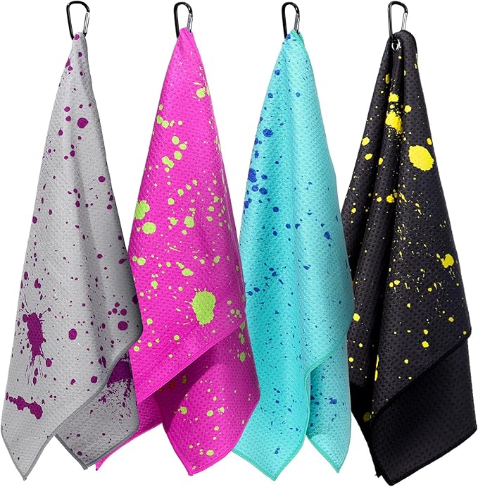 Peryiter 4 Pcs Golf Towels (16" x 24") with Clip Drip Lime Microfiber Fabric Waffle Pattern Towels for Golf Bags Absorbent Club Ball Cleaner Accessories and Gifts for Men Women(Vivid Color)