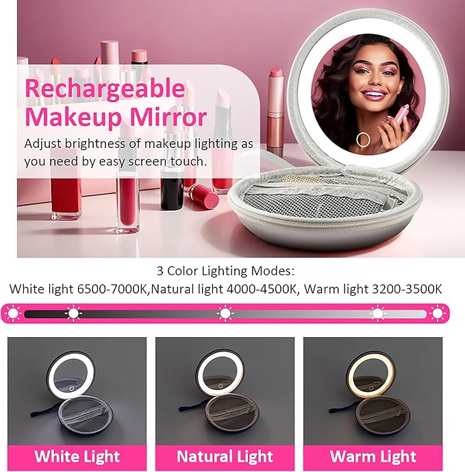 LED Makeup Mirror with Storage Pouch Portable Lighted Mirror, USB Rechargeable Travel Vanity Mirror with Waterproof Bag, 3 Color Modes, Gift for Women (Silver)