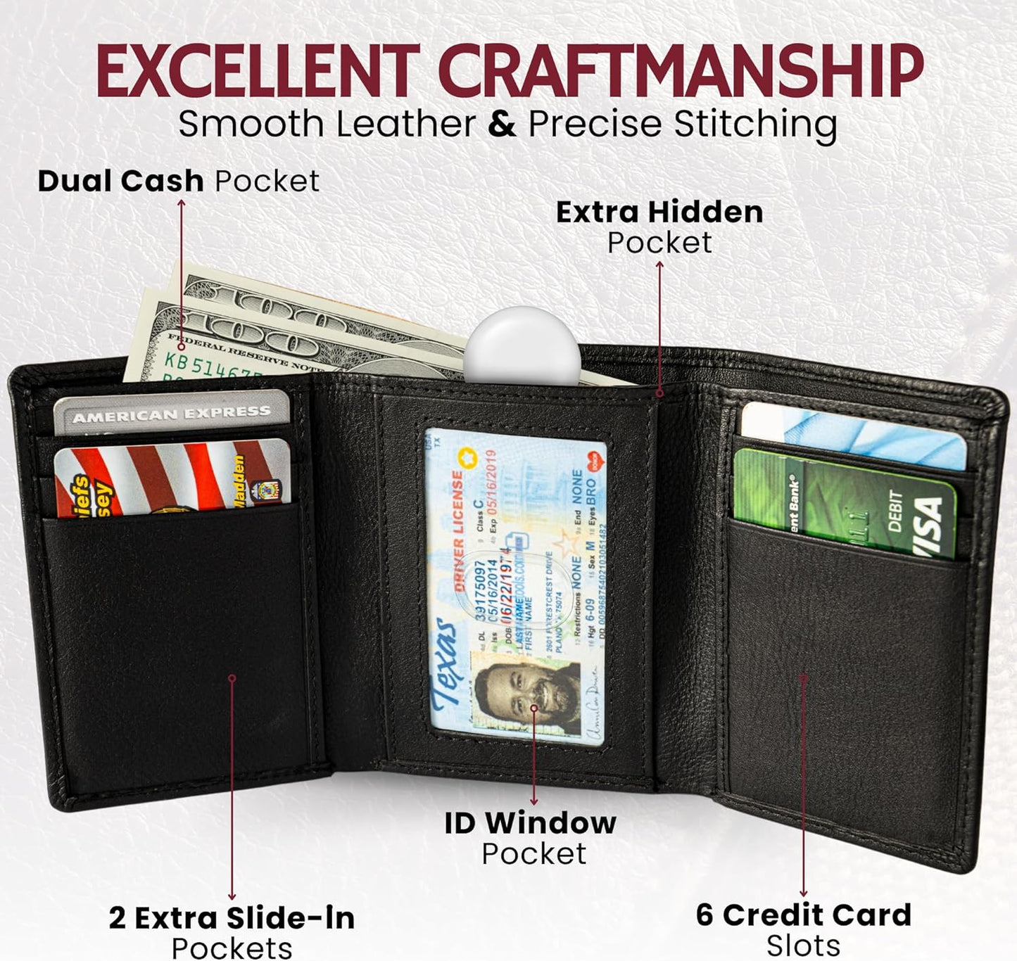 BULL GUARD Mens RFID Wallet, Black Top Grain Genuine Leather, ID and Secret Pocket, Trifold for Work, Sport, Outdoors