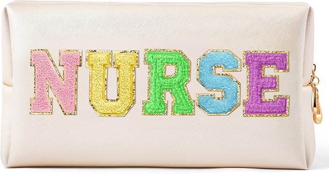 CY2SIDE NURSE Letter Makeup Bag - Colorful Chenille Letter Patch Cosmetic Bag Shell Gold PU Leather Patch Travel Pouch Waterproof Portable Zipper Travel Organizer Case Christmas Gifts for Nurse Women