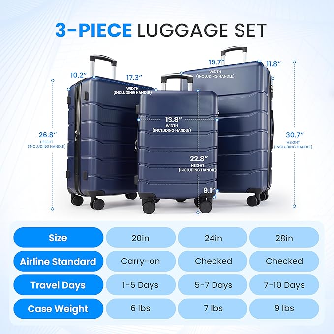 Simple Deluxe 24 Inch Hardside Carry On Luggage, Suitcase with Double Spinner Wheels & TSA Lock, Hard Shell Suitcase, Expandable Rolling Lightweight Luggage, Blue