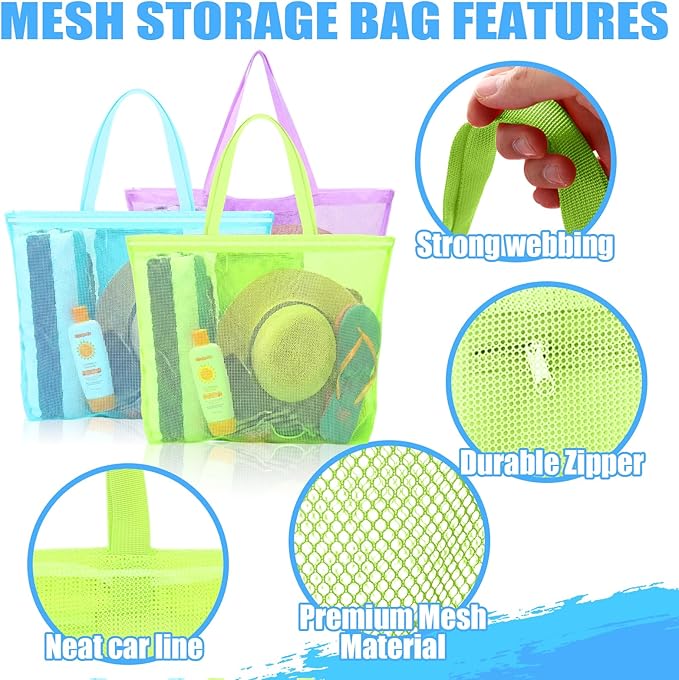 3 Pcs Mesh Beach Bags Portable Mesh Shower Beach Toy Bag With Drawstring Extra Large Tote Hanging Toiletry Bath Organizer for Camping Swimming Gym Travel