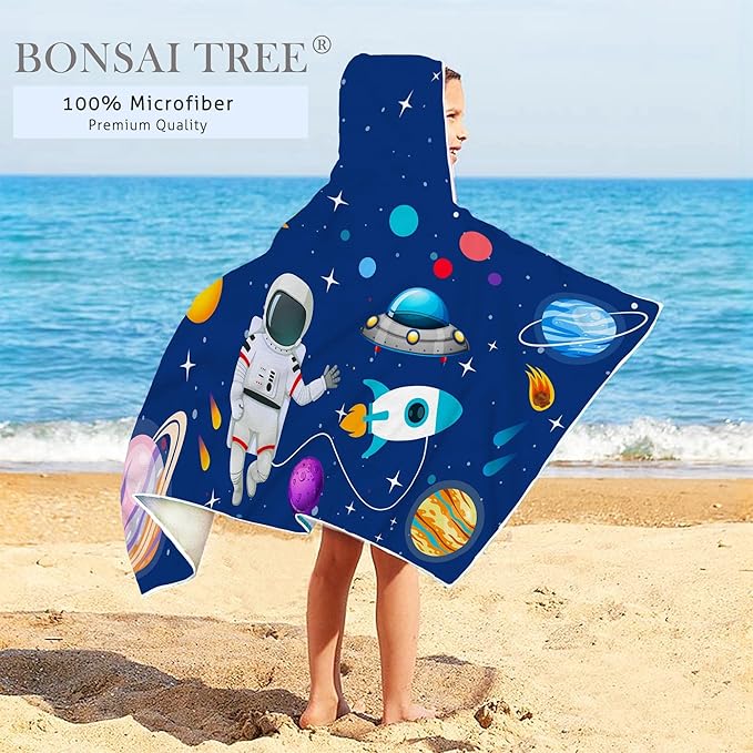 Bonsai Tree Spaceman Hooded Beach Towel for Kids, Cute Space Man Bath Towel with Hood, Boy Microfiber Super Absorbent Soft Poncho Bathrobe for Swin Pool 30" x 50”