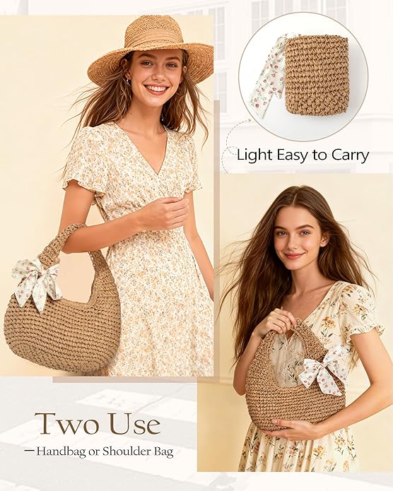 Beach Bags for Women - Handmade Straw Clutch Purses for Women Handbag Zip Closure Tote Bag Lightweight