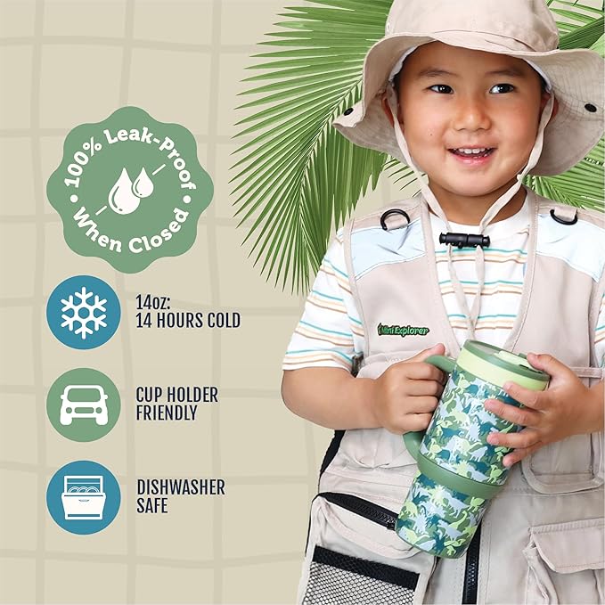 Ello Oasis 14oz Stainless Steel Toddler Tumbler with Handle & Retracting Straw, 100% Leakproof, Double-Wall Vacuum Insulated, Kids Water Bottle for School, BPA Free, Dishwasher Safe, Dinos