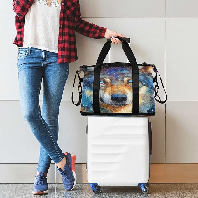Travel Duffel Bags for Women Cosmic Wolf Portrait Print Sports Duffel Bags Gym Bags with Shoes Compartment Tote Bag Weekender Bag for Travelling