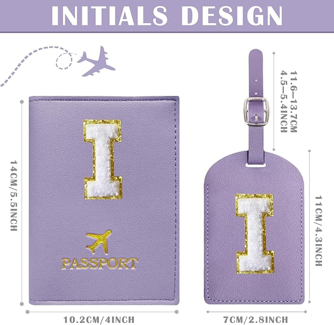 COSHAYSOO Purple Passport Cover and Luggage Tag Set TSA Approved with Her Initial Chenille Letter Patch, Trendy Travel Bag Backpack Suitcase Identifier Gifts for Daughter Mother Sister in Law (I)