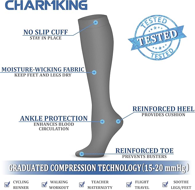 CHARMKING 6 Pairs-Compression Socks for Women & Men Circulation Best Support for Nurses, Running, Athletic,Flight Travel
