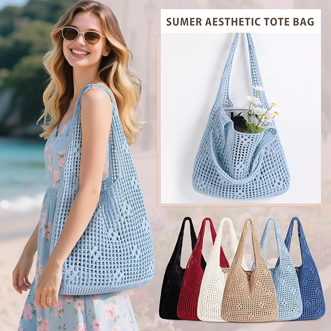 Sightor Crochet Tote Bag, Mesh Beach Bag Knit Summer Hobo Bag Vacation Boho Tote Bag for Women