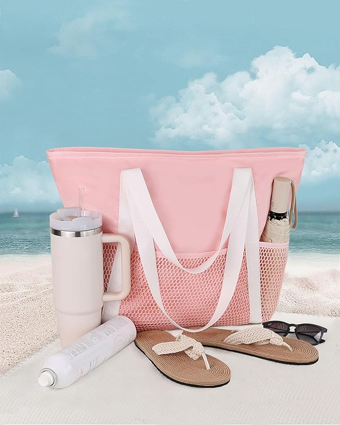 HOMESPON Beach Bag Large Waterproof Sandproof Foldable Tote for Women with Zipper Mesh Pockets for Pool Swim Travel Everyday