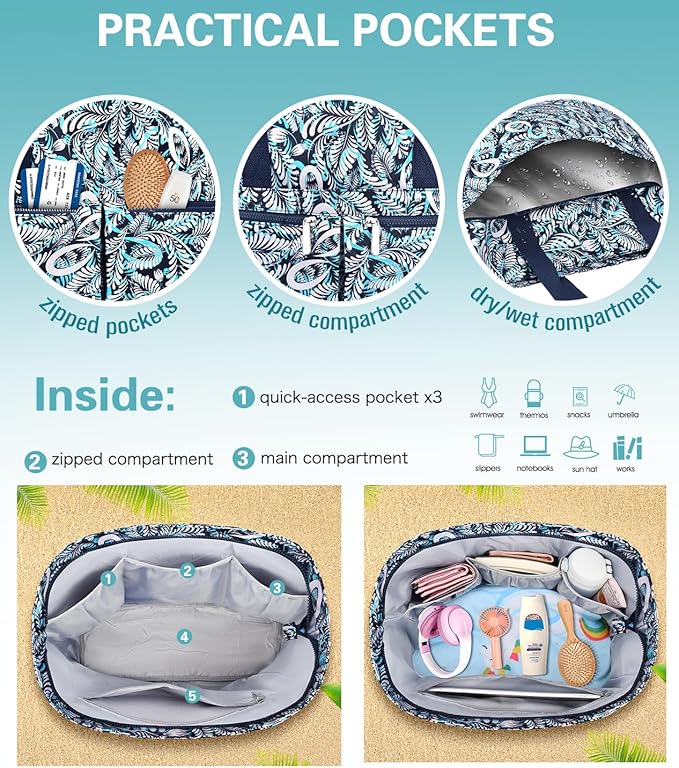 HUANLANG Large Beach Bags for Women Pool Bag with Zipper, Waterproof Sandproof Beach Tote Travel Bag with Wet Pocket | Waterproof, Large capacity, Dry/wet separation, Durable fabric, Cooling function, sandproof
