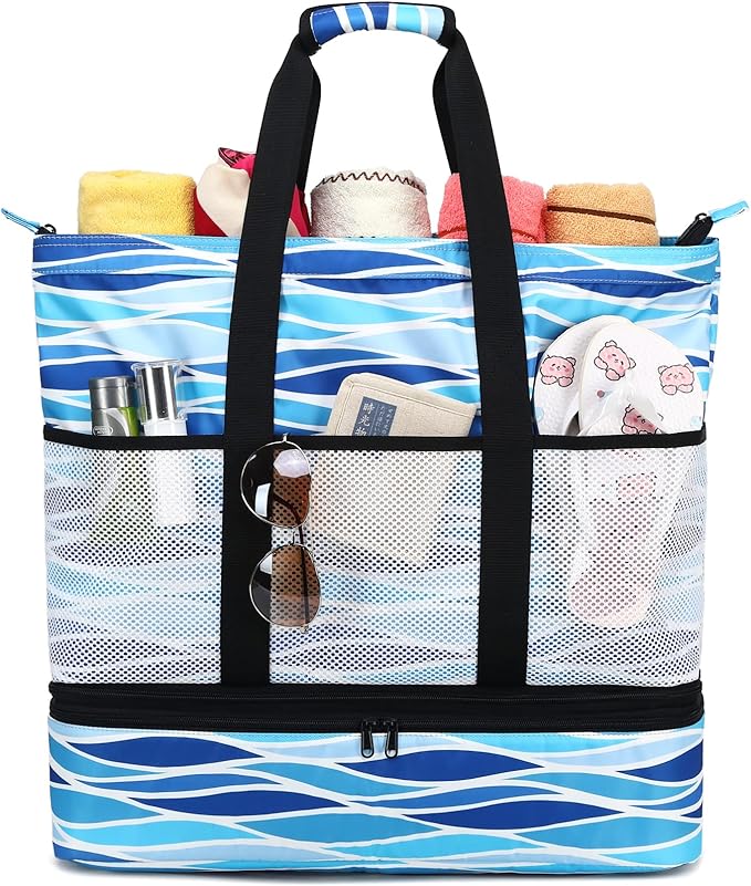 JIANYA Beach Bag Women Waterproof Sandproof Beach Tote Bags with Cooler Top Zipper Large Totes for Pool Travel Daily