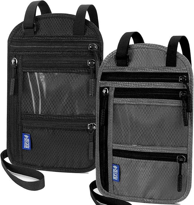 2-Pack Large RFID Blocking Passport Holder for Travel, Hidden Neck Wallet with Phone Pocket, Lightweight Under-Clothing Pouch Fits 7-inch phone & 2 Passports, Anti-Theft Organizer(Black & Dark Gray)