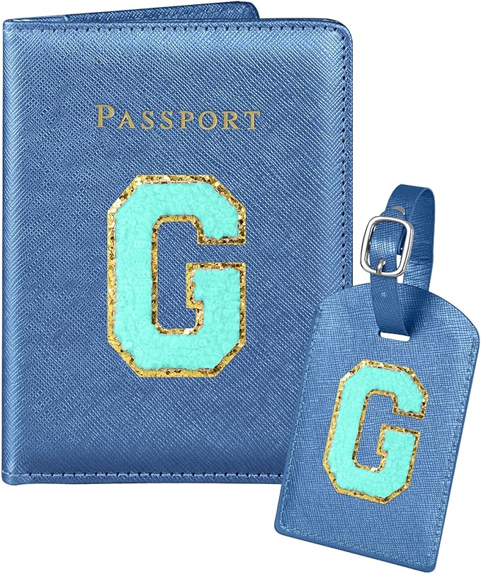 Slohif Passport Holder Initial Lugguage Tag Set Suitcase Cover Wallet Case for Travel Women - Leather Letter Passport Book Personalized Organizer Card Protector Sleeve Essentials Slim Carrier Blue G