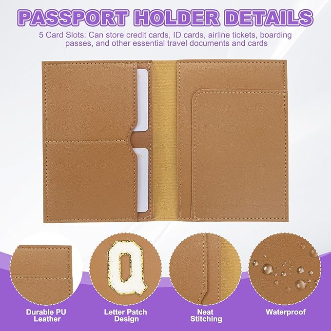 PATIKIL Passport Holder for Travel, Initial Passport Cover and Luggage Tag Set with Alphabet Chenille Letter Patch Travel Wallet Bag Suitcase Identifier for Women Family Travel Brown Q
