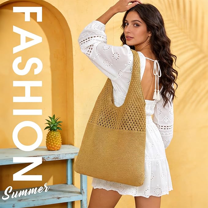 SUOSDEY Crochet Mesh Beach Tote Bag, Knit Summer Vacation Aesthetic Boho Tote Bag for Women
