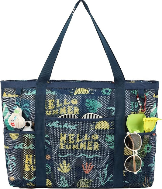 Mesh Beach Bag with Zipper, Large Beach Tote for Women, Toys Pool Swim Bag Travel Vacation Cruise Essentials