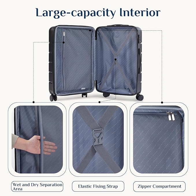 OLIXIS 3-Piece Suitcase Set, Hardside Luggages with Spinner Wheels, Lightweight ABS Hard Shell Travel Luggage, Expandable Carry-On Suitcase with TSA Approved Lock–Black(20+24+28 Inch)