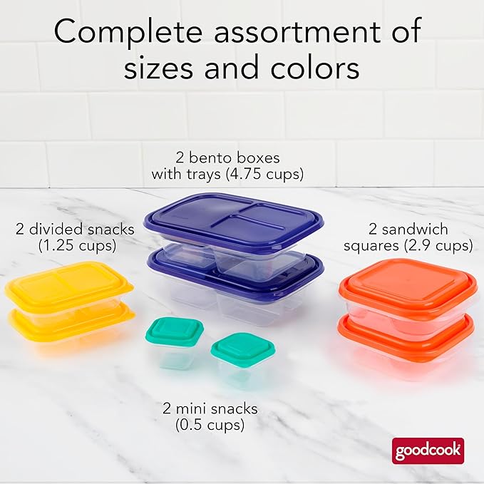 GoodCook EveryWare 18-Piece Lunch Food Storage Container Set, Assorted Colors, Made Without BPA