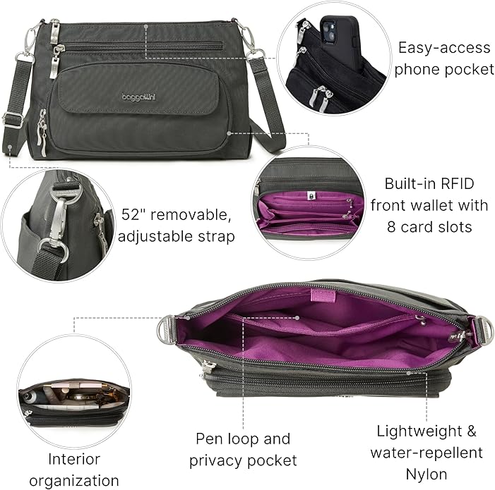 Baggallini Original Everyday 11x7.5 Crossbody Bags Rfid Protected Lightweight Nylon Zippered Travel Purse