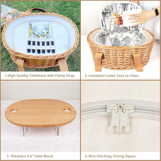 Hap Tim Wicker Picnic Basket Set for 2 with Mini Folding Wine Picnic Table & Large Insulated Cooler Bag & Cutlery Service Kits for 2 Person, Couples Gifts, Wedding Gifts (Y2209-2-CM)