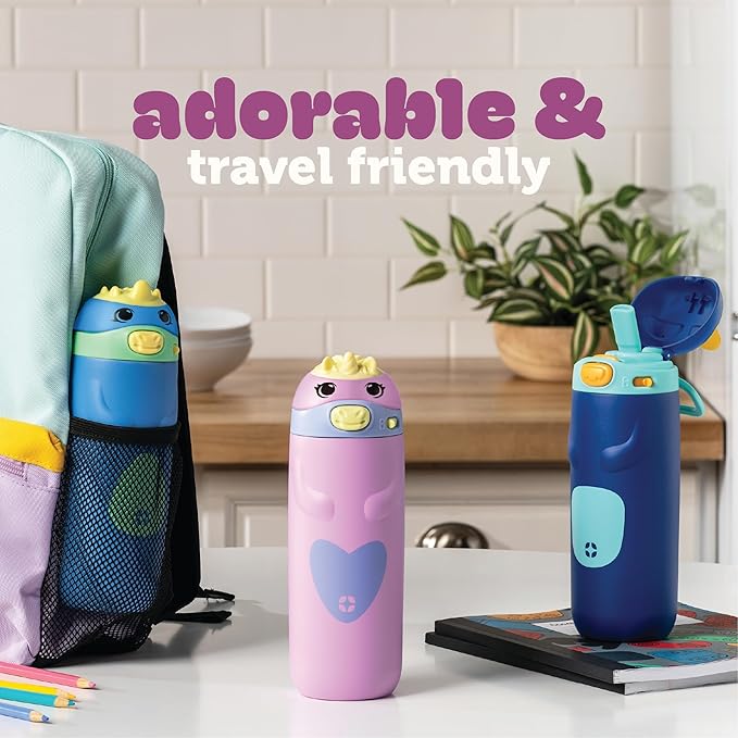 Ello Ellies 12oz Vacuum Insulated Stainless Steel Kids Water Bottle with Straw and Built-in Carrying Handle and Leak-Proof Locking Lid for School Backpack, Lunchbox and Outdoor Sports, Cat
