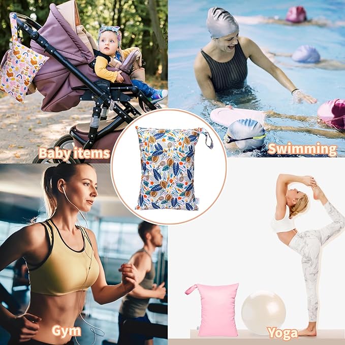 Wet Dry Bag Reusable Waterproof Swimming Bag Travel Beach Pool Yoga Gym Bag for Baby Cloth Diaper Swimsuits Wet Clothes Two Zipper Pockets 3 Pack Floral 3L09