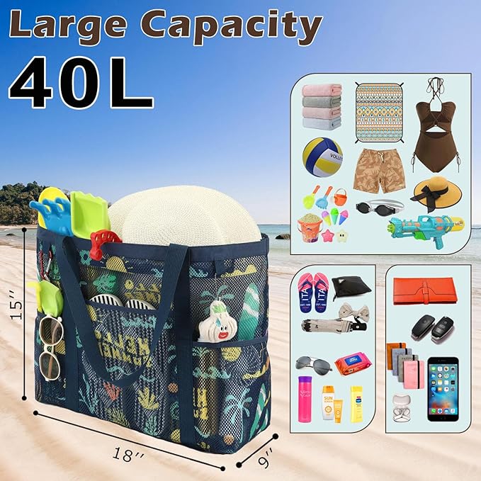 Mesh Beach Bag with Zipper, Large Beach Tote for Women, Toys Pool Swim Bag Travel Vacation Cruise Essentials