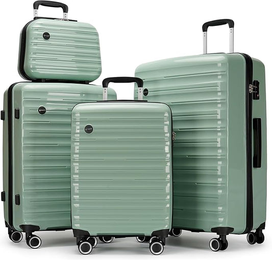 GinzaTravel 4 Piece Hard Shell Luggage Sets with Spinner Wheels PP Hardside Large Suitcase with Wheels TSA Lock,20 inch 24 inch 28 inch,Green