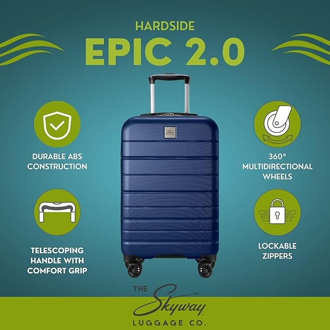 Skyway Epic 2.0 Hardside Lightweight and Durable ABS Shell Luggage, Spacious with 8-Wheel Spinners, Comfort Grip with Telescoping Handle, Men and Women, Royal Blue, 2-Piece Set (20,24)