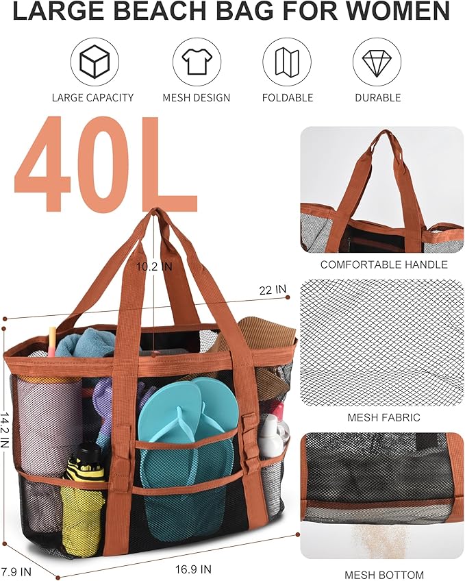 Genteen 40L Mesh Beach Bag, Foldable Sandproof Tote with Waterproof Pocket Quick Dry for Women Family Pool Vacation（White