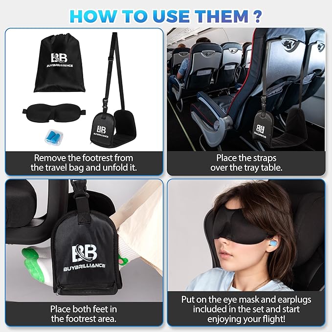 Buybrilliance 2 Pack Foot Hammock for Airplane Travel Adjustable Plane Leg Rests with Memory Foam Support, Portable Footrests for Long Flights, Includes Eye Mask & Earplugs