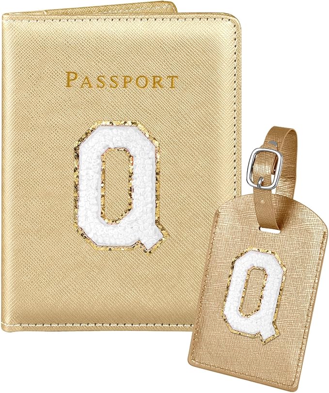 Slohif Passport Holder Initial Lugguage Tag Set Suitcase Cover Wallet Case for Travel Women - Leather Letter Passport Book Personalized Organizer Card Protector Sleeve Essentials Slim Carrier Gold Q