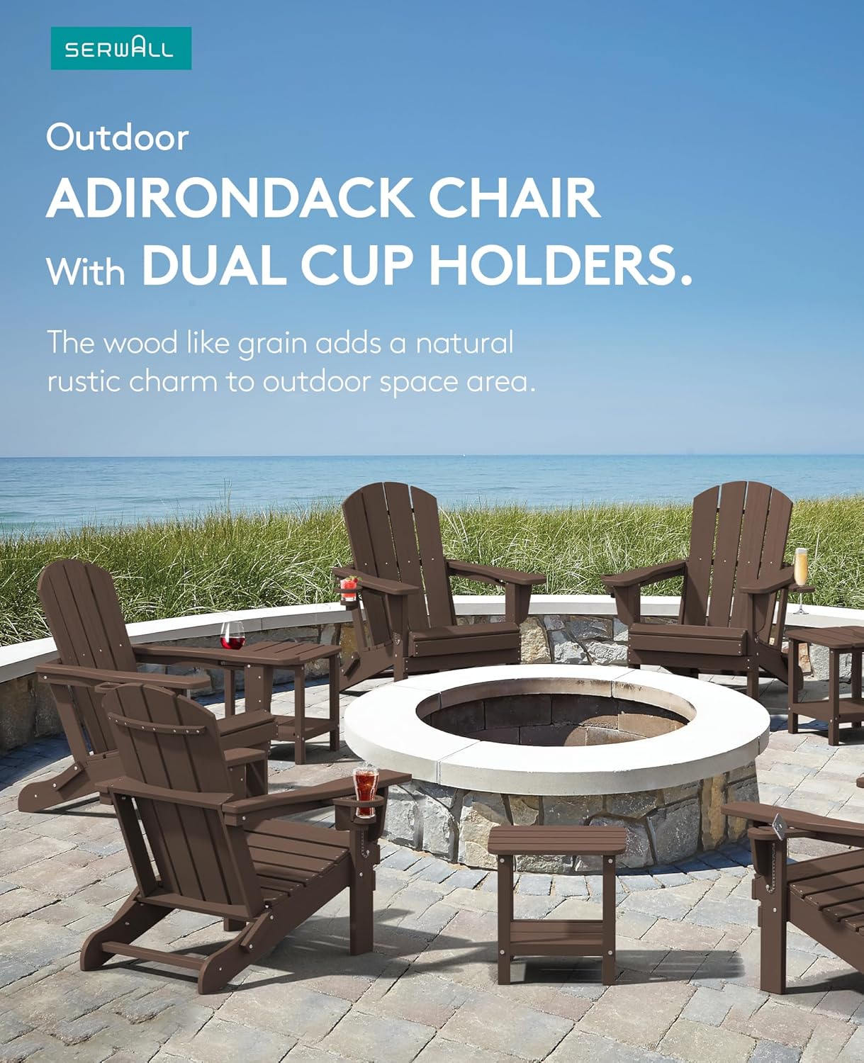SERWALL Adirondack Chair with Cup Holders - Composite Adirondack Chairs HDPE Outdoor Chairs All Weather Use- Coffee