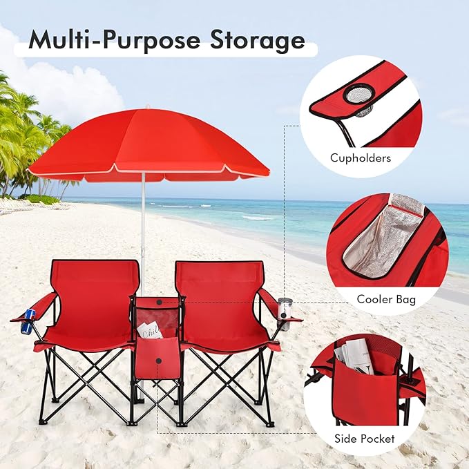 KOTEK Double Camping Chair, Folding Camp Chair with Removable Umbrella, Cup Holders, Cooler Bag, Side Pocket & Carry Bag, 2-Person Beach Chair for Outdoor, Sports, Concerts, Travel, Picnic (Red)