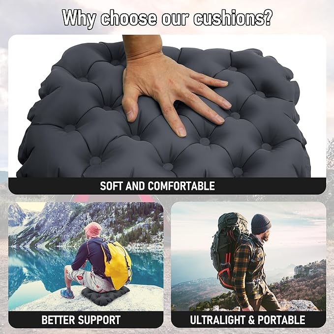 Inflatable Seat Cushion, Lightweight Stadium Seat Pad, Travel Air seat Cushion Anti-Slip for Airplane, Hiking, Climbing, Home and Camping,Black