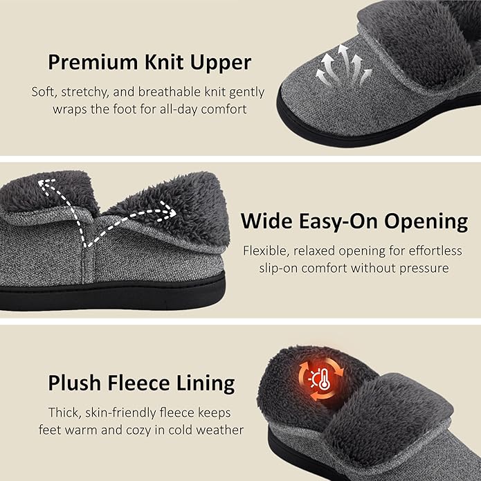Men’s Knit Bootie Slippers Warm Fold-Over Ankle Collar Plush Fleece Lined Memory Foam House Shoes Cozy Winter Non-Slip Indoor Outdoor Slippers for Men