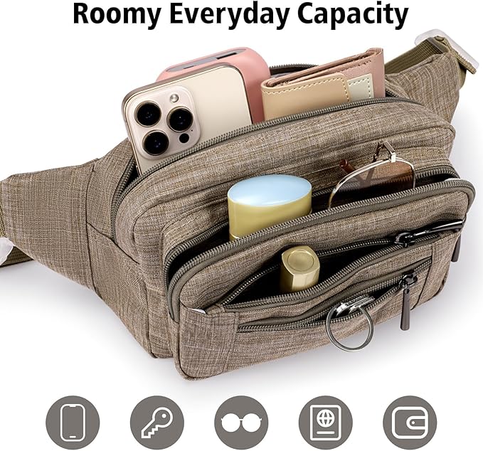 Packism Fanny Packs for Women Men - 6 Pockets Large Crossbody Waist Bag with Adjustable Strap Belt Bag for Travel Running Hiking