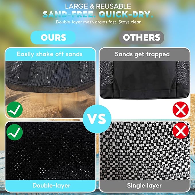 Large Mesh Beach Bag – Lightweight Beach Tote with 9 Pockets, Beach Bag for Women, Men, Family Essentials