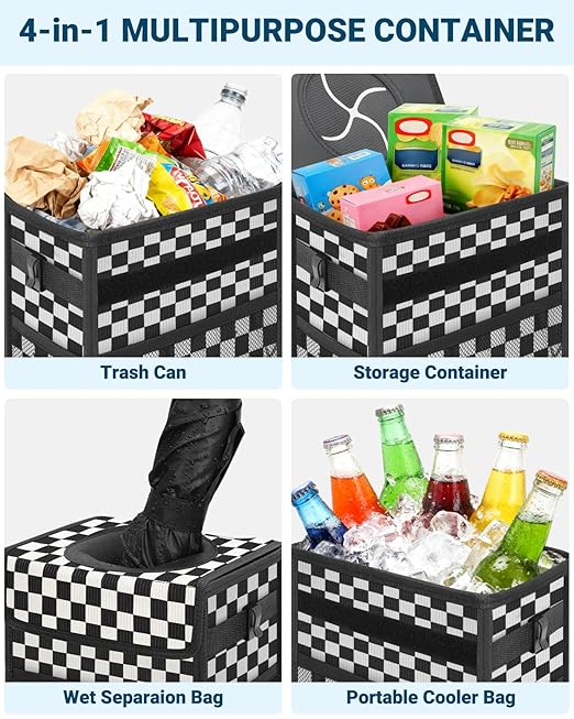 Capolo Car Trash Can with Lid, Leakproof Car Trash Bag Hanging Waterproof Automotive Garbage Can with Storage Pockets Mini Vehicle Trash Bin for Back/Front Seat(Corduroy Black Checkerboard,2.5 Gallon)