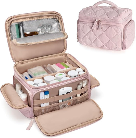 Medicine Organizer Bag with Insulated Pocket for Travel, Pill Bottle Storage Case with 4 Customized Dividers for Medication, Insulin and First Aid Supplies, Pink (Bag ONLY)