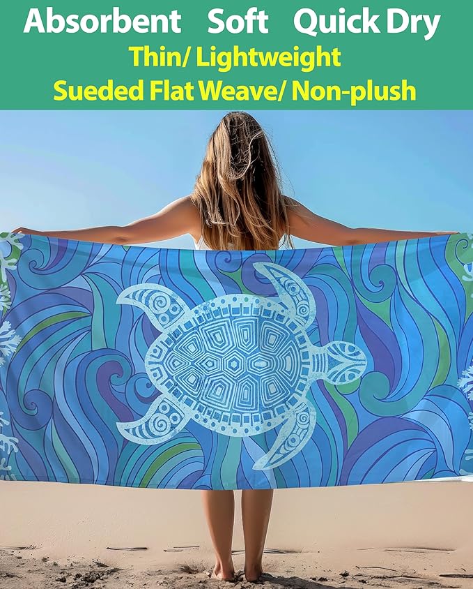 Microfiber Beach Towel Oversized 71X32" Thin, Reversible, Large, Lightweight, Quick Dry, Sand Free, Absorbent, Swim, Pool, Cruise, Compact Travel Towel, Camping, Beach Blanket, Carry Bag, Turtle